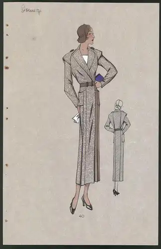 Modeentwurf Art Deco 1934, Blondes Model mit Hut im langen Mantel mit Streifenmuster, Lithographie Atelier Bachwitz Wien