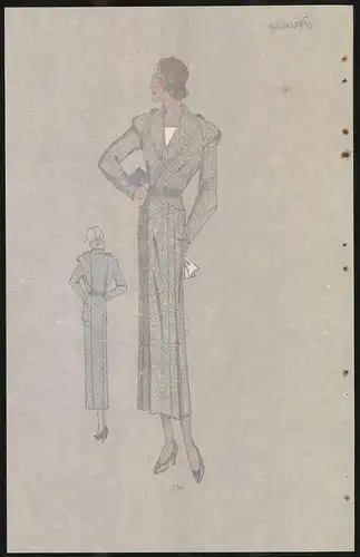 Modeentwurf Art Deco 1934, Blondes Model mit Hut im langen Mantel mit Streifenmuster, Lithographie Atelier Bachwitz Wien
