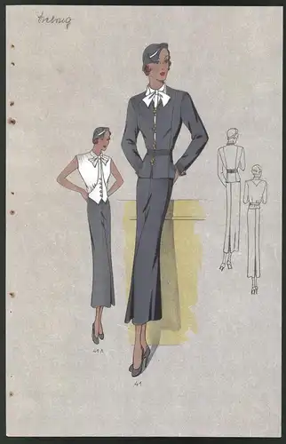 Modeentwurf Art Deco 1934, Model im langen Rock mit Jackett oder weisser Bluse, Lithographie Atelier Bachwitz, Wien