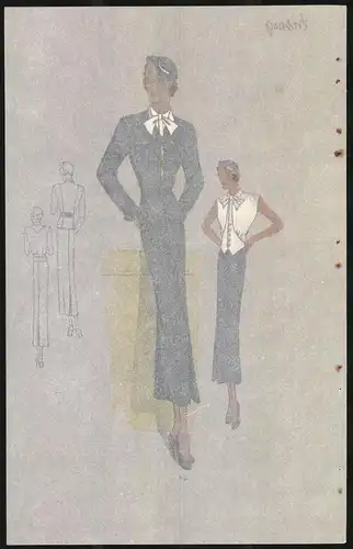 Modeentwurf Art Deco 1934, Model im langen Rock mit Jackett oder weisser Bluse, Lithographie Atelier Bachwitz, Wien