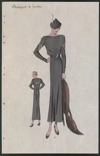 Modeentwurf Art Deco 1934, Blondine mit Pelz im grauen Abendkleid, Lithographie Atelier Bachwitz, Wien