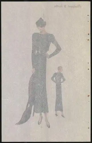 Modeentwurf Art Deco 1934, Blondine mit Pelz im grauen Abendkleid, Lithographie Atelier Bachwitz, Wien