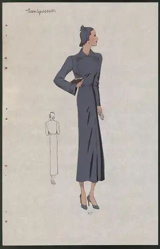 Modeentwurf Art Deco 1934, Rothaariges Model mit Hut & Handtasche trägt langes Kleid, Lithographie Atelier Bachwitz Wien