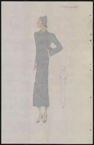 Modeentwurf Art Deco 1934, Rothaariges Model mit Hut & Handtasche trägt langes Kleid, Lithographie Atelier Bachwitz Wien