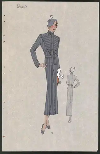 Modeentwurf Art Deco 1934, Model mit Hut im Kleid mit Streifenmuster, handkoloriert, Lithographie Atelier Bachwitz, Wien