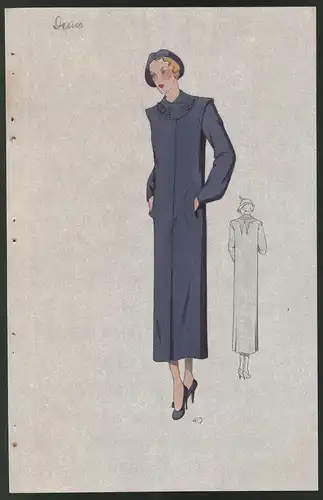 Modeentwurf Art Deco 1934, Blondine mit Hut trägt langen blauen Frühlingsmantel, Lithographie Atelier Bachwitz, Wien