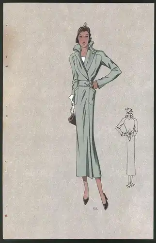 pModeentwurf Art Deco 1934, Model im langen grünen Mantel, handkoloriert, Lithographie Atelier Bachwitz, Wien