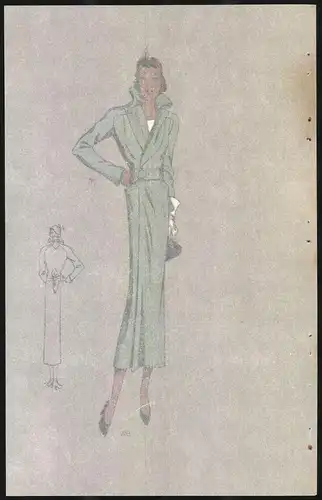 pModeentwurf Art Deco 1934, Model im langen grünen Mantel, handkoloriert, Lithographie Atelier Bachwitz, Wien
