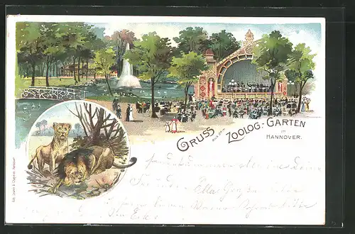 Lithographie Hannover, Zoologischer Garten, Musik-Pavillon, Löwen