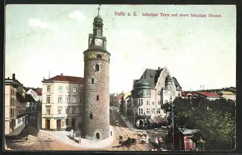 AK Halle a. S., Obere Leipziger Strasse mit Gasthaus Automat und Leipziger Turm