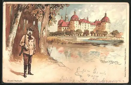 Künstler-AK Moritzburg, Schloss und Jäger