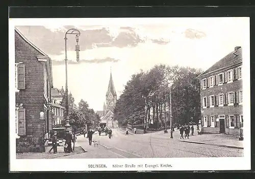 AK Solingen, Kölner Strasse mit ev. Kirche