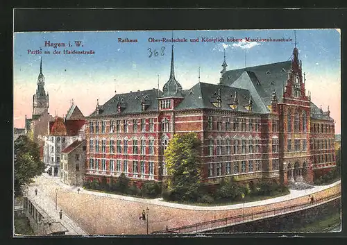 AK Hagen i. W., Haidenstrasse, Rathaus und Ober-Realschule