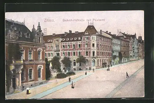 AK Zittau i. S., Bahnhofstrasse und Postamt