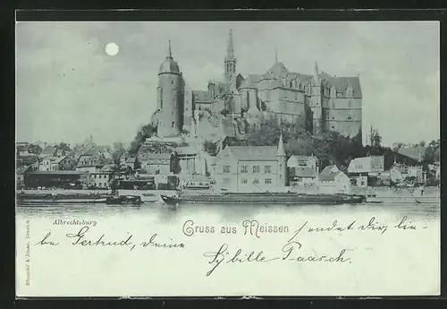 Mondschein-AK Meissen, Blick auf die Albrechtsburg