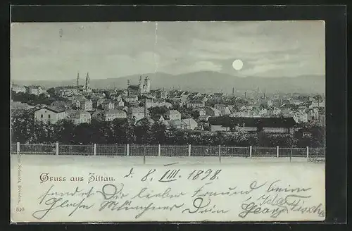 Mondschein-AK Zittau, Stadt bei Nacht