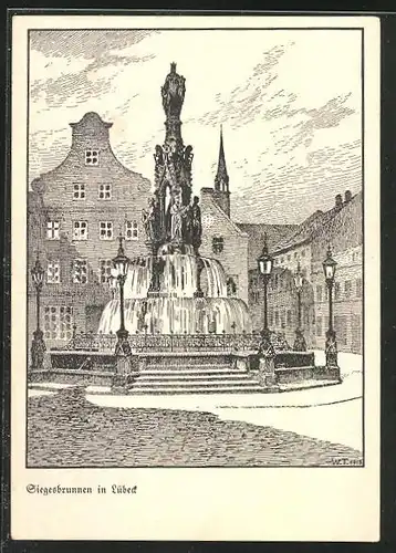 Künstler-AK Lübeck, Blick auf den Siegesbrunnen