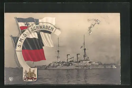 AK Kriegsschiff SMS Schwaben und Reichskriegsflagge
