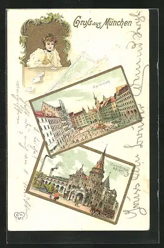Lithographie München, Löwenbräu-Keller und Marienplatz, Dame schreibt auf Postkarten