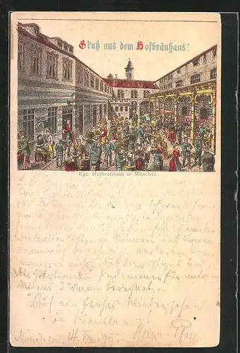 Vorläufer-Lithographie München, 1895, Gäste im Hof vom Hofbräuhaus