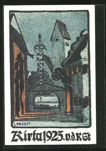 Künstler-AK sign. L. Probst: Schwabinger Bauern-Kirta 1925, Jugendstil