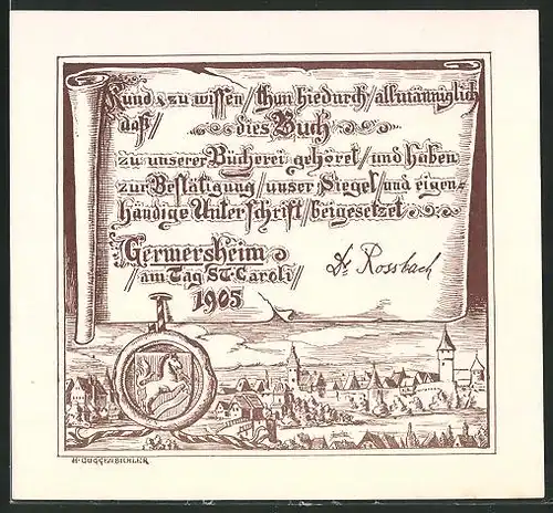 Exlibris Rossbach, Germersheim, Stadtansicht 1905, Wappen mit Pferd