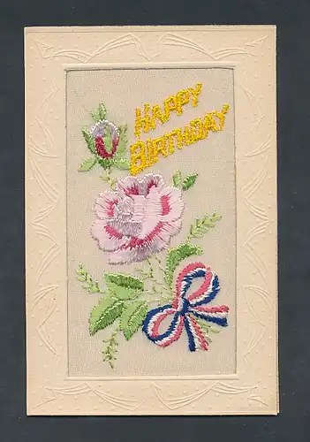Seidenstick-AK Geburtstagsgruss mit Blume und Schleife