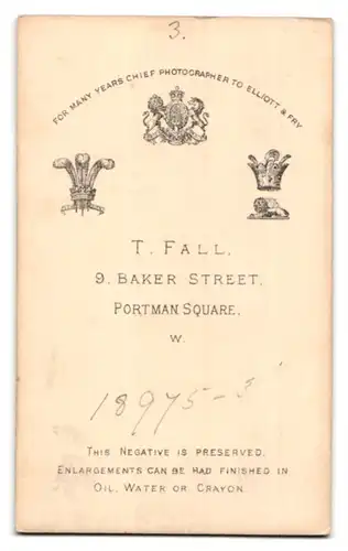 Fotografie T. Fall, London, 9 Baker Street, Portrait Herr mit Walross-Bart im Anzug