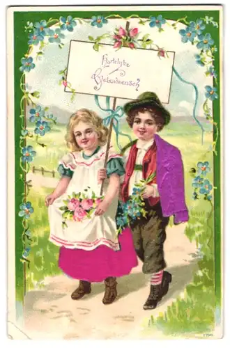 Stoff-Präge-AK Kinderpaar mit Schild und Blumen, Geburtstagsgruss