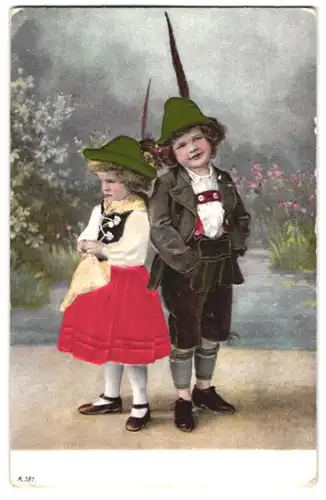 Stoff-Präge-AK Kinderpaar in Tracht mit Hüten