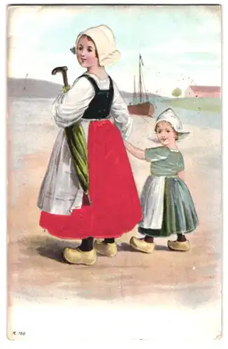 Stoff-Präge-AK Holländerin in Holzschuhen mit Schirm und Mädchen