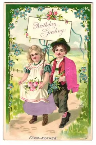 Stoff-Präge-AK Kinderpaar mit Schild und Blumen, Geburtstagsgruss