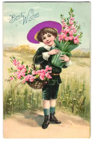 Stoff-Präge-AK Kleiner Junge mit Blumentopf, Glückwunsch