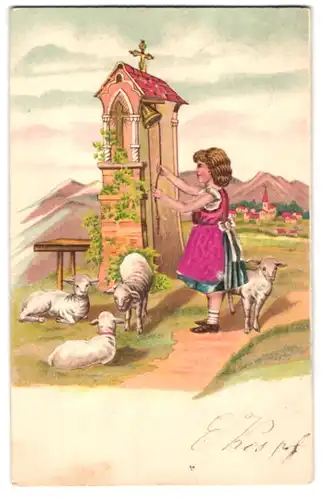 Stoff-Präge-AK Frau mit Schafen läutet eine Glocke