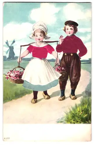 Stoff-Präge-AK Holländisches Kinderpaar mit Blumenkörben, Im Hintergrund Windmühle