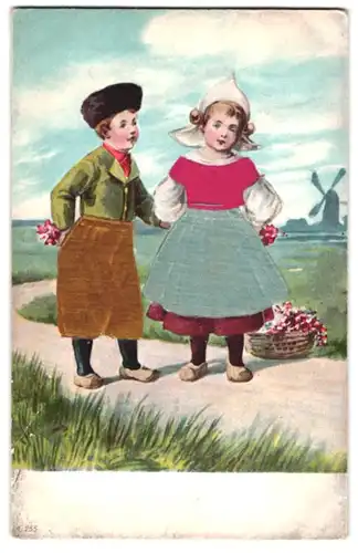 Stoff-Präge-AK Holländisches Kinderpaar mit Blumenkorb, Im Hintergrund Windmühle