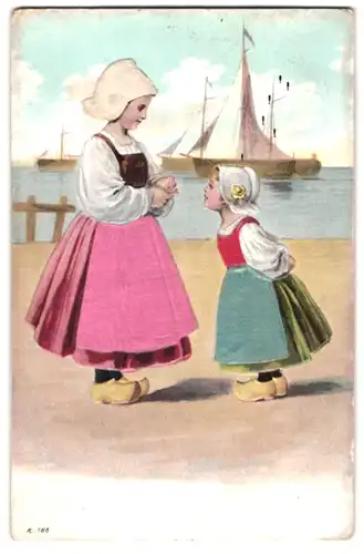Stoff-Präge-AK Holländerin und Mädchen in Holzschuhen, Im Hintergrund Segelboote