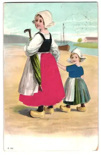 Stoff-Präge-AK Holländerin in Holzschuhen mit Schirm und Mädchen