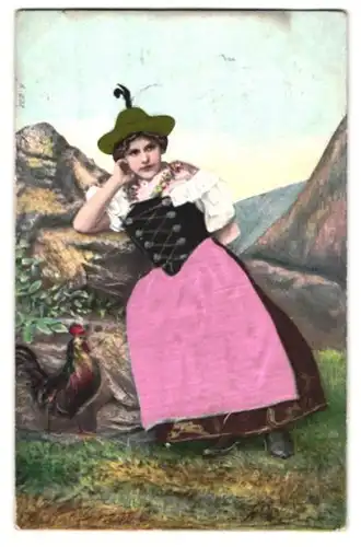 Stoff-Präge-AK Frau in Tracht mit Hahn am Felsen lehnend