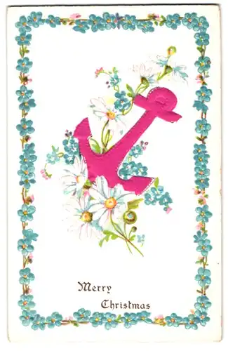 Stoff-Präge-AK Anker mit Blumen, Weihnachtsgruss