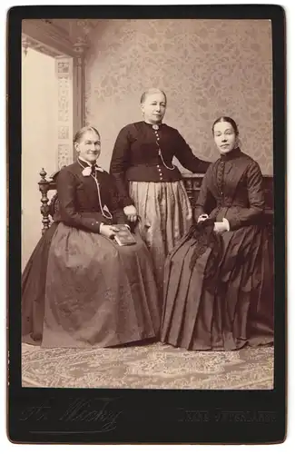 Fotografie A. Wicky, Berne-Interlaken, Portrait drei bürgerliche Damen in zeitgenössicher Kleidung