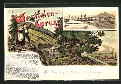 Lithographie Hohenlimburg / Westfalen, Teilansicht, Ortspartie mit Eisenbahn, Westfalenlied