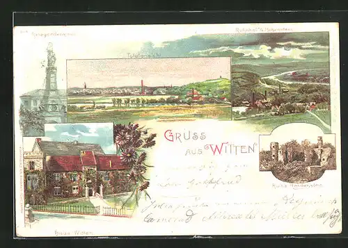 Lithographie Witten, Haus Witten, Ruine Hardenstein, Kriegerdenkmal