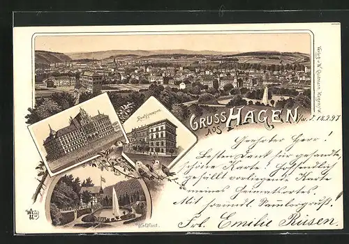 Lithographie Hagen i / W., Hotel Waldlust, Gewerbeschule, Realgymnasium