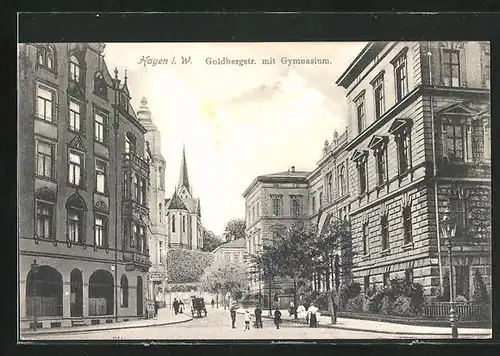 AK Hagen i. W., Goldbergstrasse mit Geschäft & Gymnasium