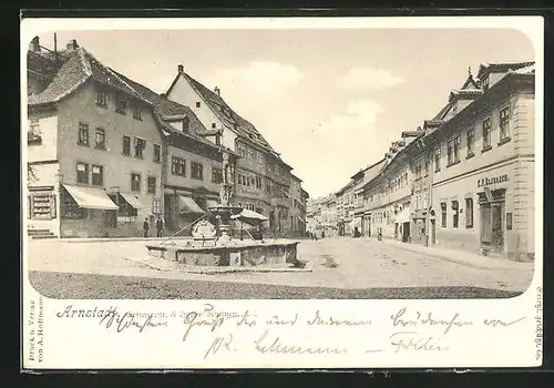 AK Arnstadt, Erfurterstrasse mit Geschäften & Hopfenbrunnen