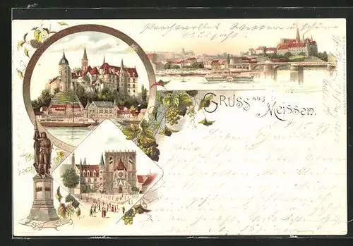 Lithographie Meissen, Schloss, Brücke und Dampfer, Ortspartie