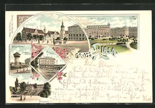 Lithographie Riesa, Hôtel Kaiserhof & Café Döring, Hôtel Höpfner und Wasserturm, Bahnhof