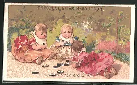 Sammelbild Chocolat Guérin-Boutron, Intéret croissant, Mädchen spielen Domino