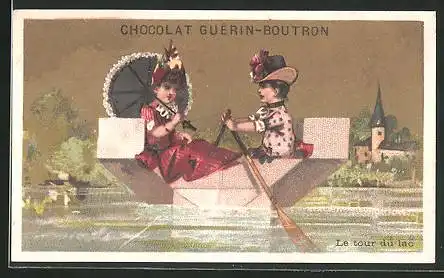 Sammelbild Chocolat Guérin-Boutron, le tour du lac, Liebespaar im Ruderboot auf einem See